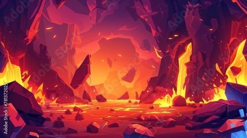 Landscape of hell, infernal hot volcano cave with lava flow from cracked stones, rock floating in liquid magma, computer game background, underground panoramic wallpaper, Cartoon modern illustration.