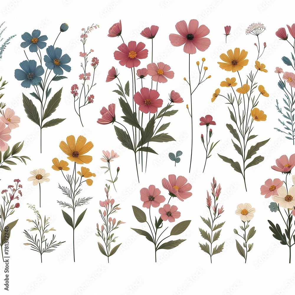 different wild flowers on a plain background, flowers collection, illustration