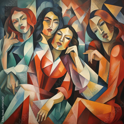 Four figures depicted in vibrant cubist style