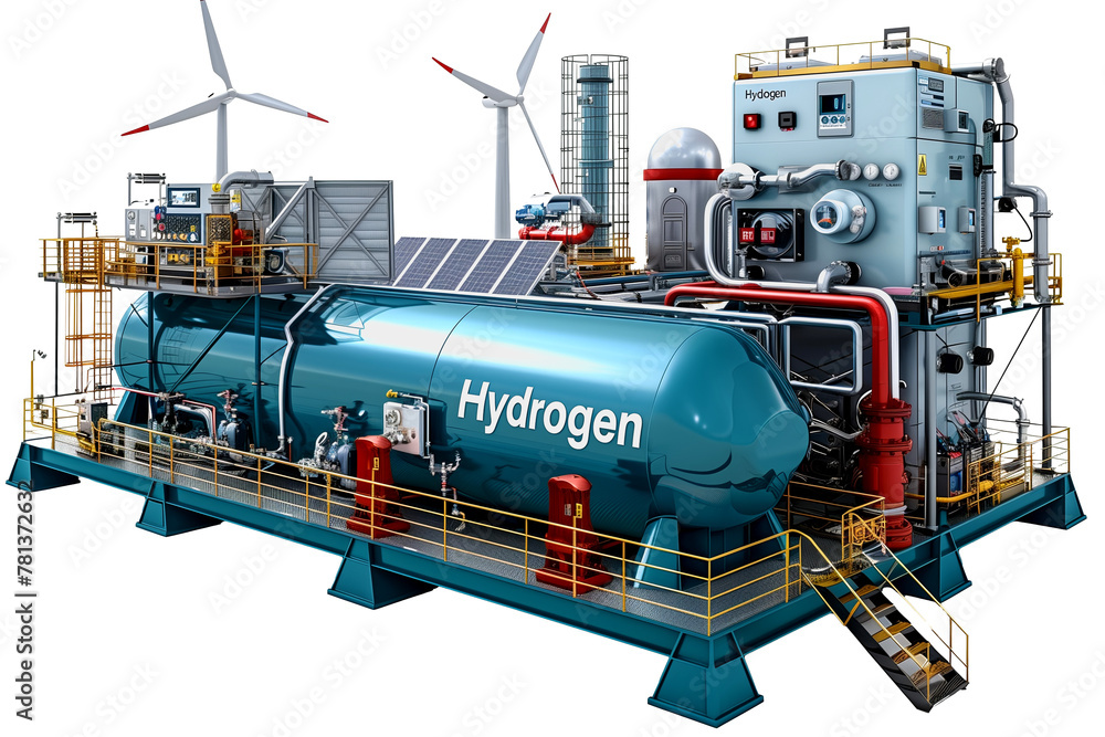 Hydrogen fuel and wind power plant for alternative energy production isolated on a white background