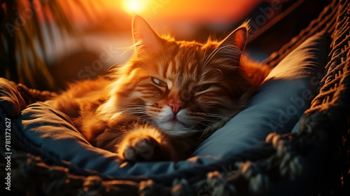 A majestic cat enjoys the warm glow of a setting sun while relaxing in a cozy hammock, exuding peace