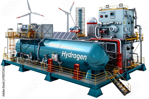 Hydrogen fuel and wind power plant for alternative energy production isolated on a white background