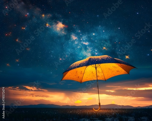 Umbrella Opening to Reveal a Canopy of Cosmic Splendor Sheltering Dreams and Imagination Amidst the Starry Night Sky