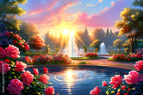 Bright sunshine and fountain pretty rose garden. Generative AI