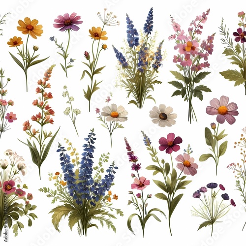 different wild flowers on a plain background, flowers collection, illustration photo