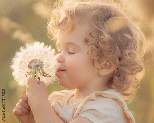 A child's joyful embrace of a fluffy dandelion,
