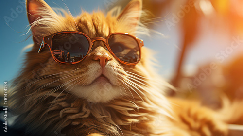 Close-up of a ginger cat with sunglasses enjoying the warm sunlight
