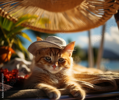 A relaxed tabby cat with a stylish sunhat lounges under a straw parasol