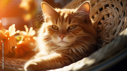 A content ginger cat rests in a basket, basked in warm floral sunlight