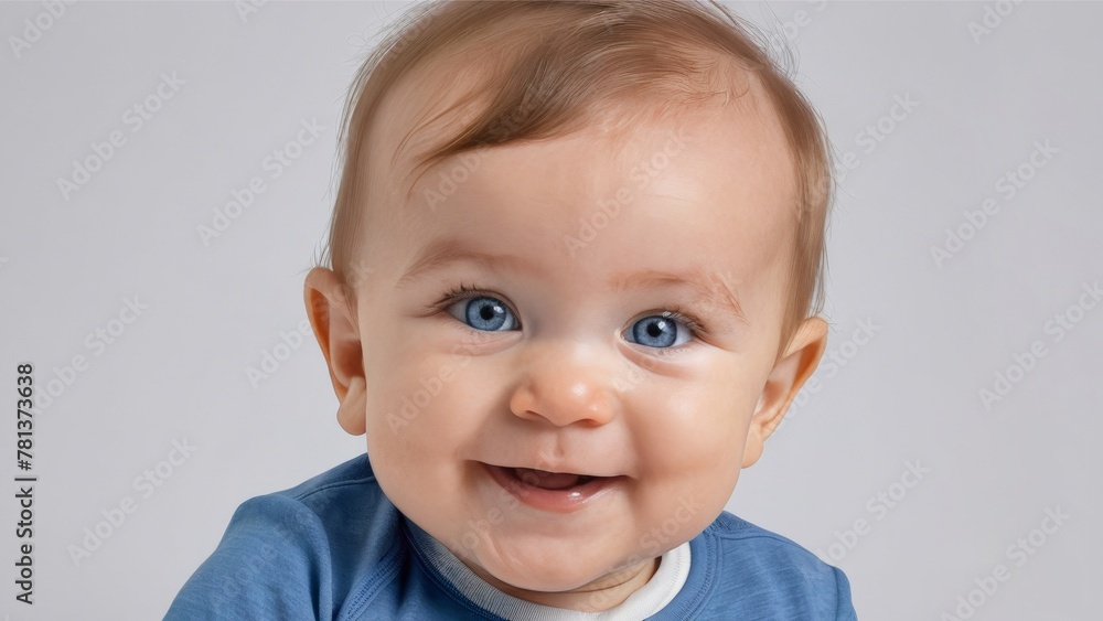 A cute baby smiling and looking at the camera on a grey background A cute baby smiling and looking at the camera on a grey background