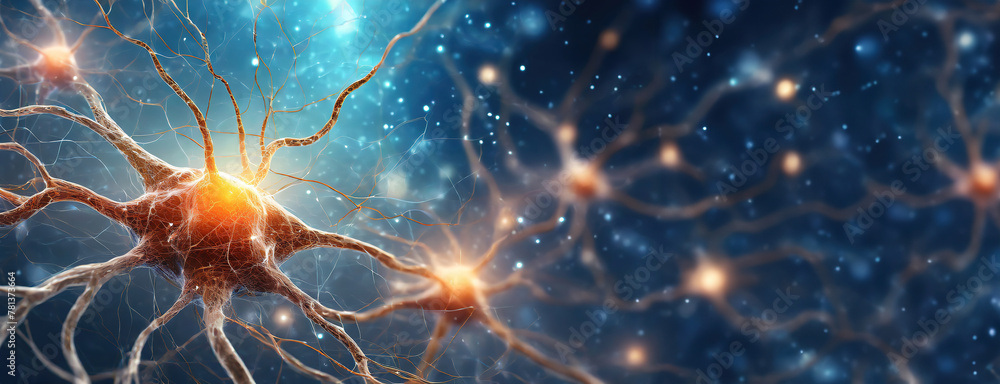 Neural network visualization illustrates a bright neuron firing in a synaptic impulse transmission. Glowing connections represent the complexity of brain activity, a microcosm of thought. Panorama. Neural network visualization illustrates a bright neuron firing in a synaptic impulse transmission. Glowing connections represent the complexity of brain activity, a microcosm of thought. Panorama.