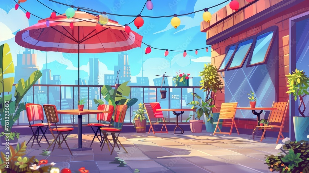 The rooftop of a restaurant with a city view. An empty roof patio on a sunny day with cafe furniture, chairs, and plants. Modern illustration of a rooftop terrace in a townhouse.