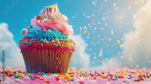 cupcake dessert party with joinful rainbow colour with blue sky background photo