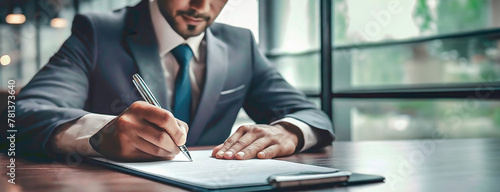 Suited businessman signs document, concentration etched in his sharp features. Pen in hand, he finalizes a significant agreement in a sleek office setting. photo