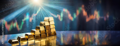 Shimmering gold bars form a rising staircase against a backdrop of financial charts. Panorama with copy space.
