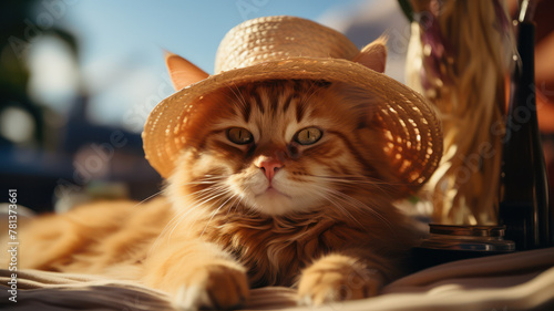 A relaxed tabby cat under a straw hat enjoys a leisurely tropical day