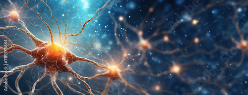 Neural network visualization illustrates a bright neuron firing in a synaptic impulse transmission. Glowing connections represent the complexity of brain activity, a microcosm of thought. Panorama.