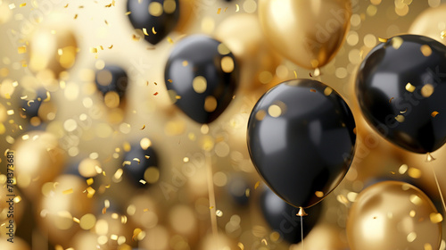 A whimsical cartoon featuring a gold and black balloon party, photo