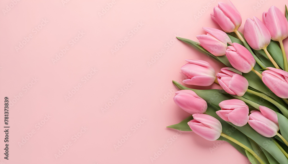 A neat row of delicate pink tulips stretches across a soft pastel pink background, exuding elegance.
