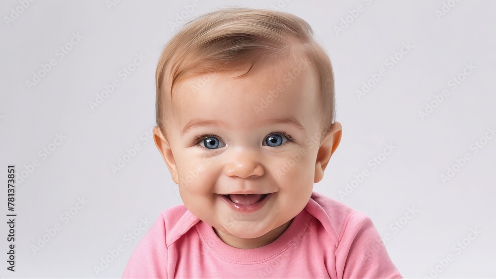A cute baby smiling and looking at the camera on a grey background 