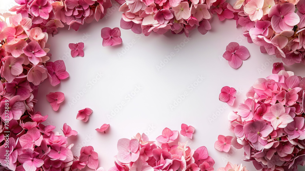 empty clean background surrounded by pink hydrangea flowers, card, invitation, layout, blank, nature, beauty, beauty, garden, spring, summer, sheet of paper