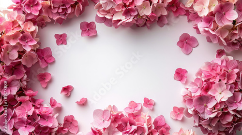 empty clean background surrounded by pink hydrangea flowers, card, invitation, layout, blank, nature, beauty, beauty, garden, spring, summer, sheet of paper © Julia Zarubina