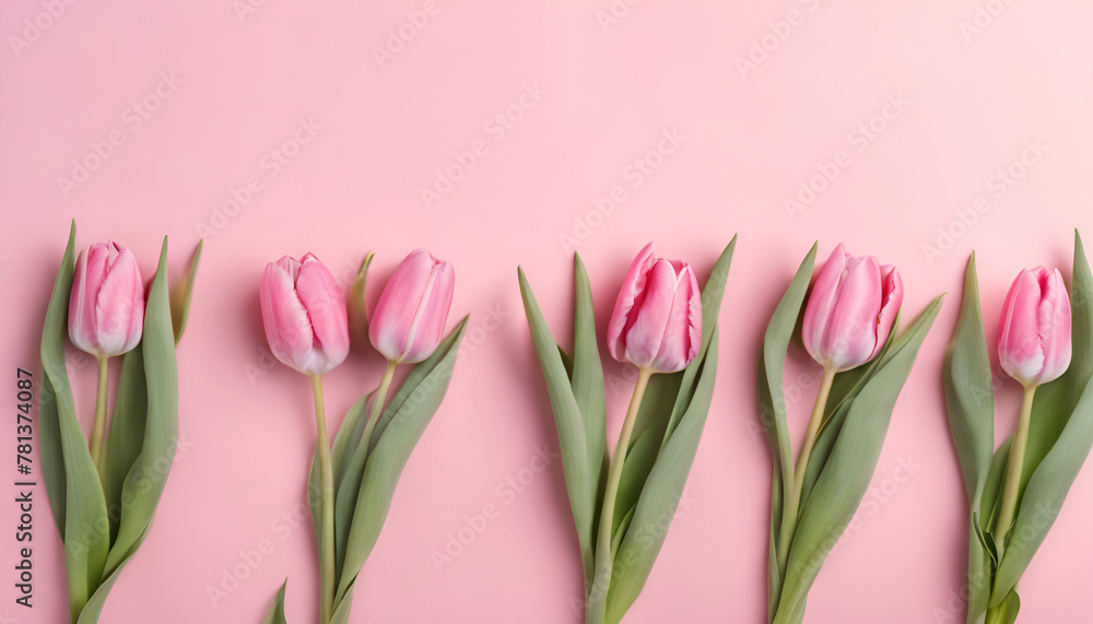A neat row of delicate pink tulips stretches across a soft pastel pink background, exuding elegance. Generative AI