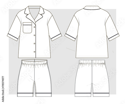 Pajamas with shirt with short sleeves and shorts. Technical sketch. Vector illustration.