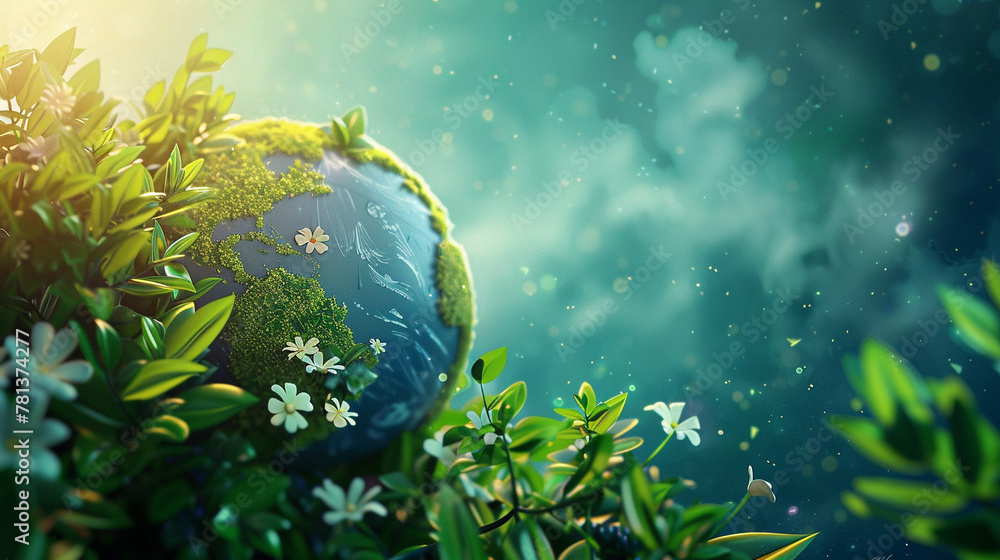 Illustrate a vibrant and visually stunning 3D animation with an eco-friendly message, incorporating a backdrop background inspired by the earth's natural elements Illustrate a vibrant and visually stunning 3D animation with an eco-friendly message, incorporating a backdrop background inspired by the earth's natural elements
