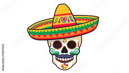 Cinco de Mayo Skull wearing Sombrero hat Isolated on white Background