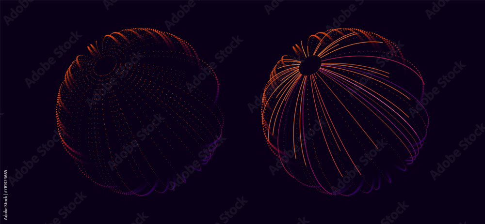 Wireframe Lines Grid Globe Mesh Spherical Objects. Digital Eye Ball Retro Futuristic HUD 3D Design Sphere. Vector Illustration Isolated on Dark Background