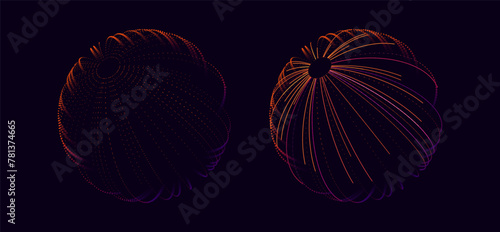 Wireframe Lines Grid Globe Mesh Spherical Objects. Digital Eye Ball Retro Futuristic HUD 3D Design Sphere. Vector Illustration Isolated on Dark Background