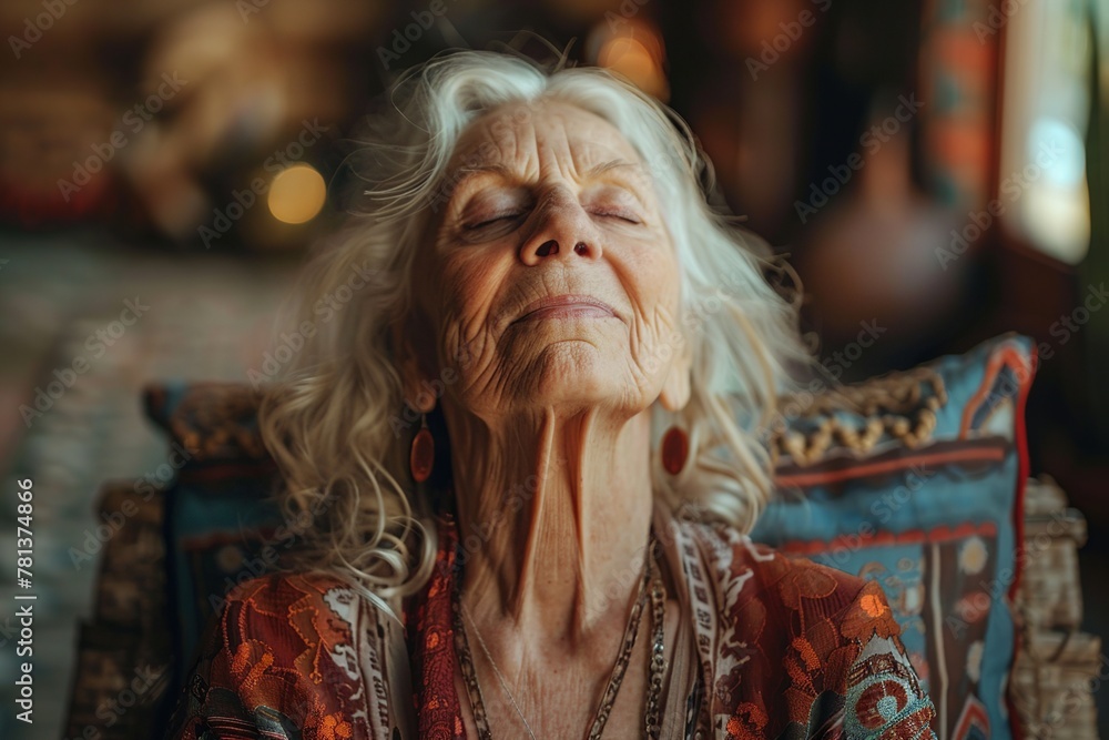 Discover a peaceful portrayal as a senior woman sits in lotus pose at home on a sunny afternoon, surrounded by tranquility, her face radiating contentment and inner peace