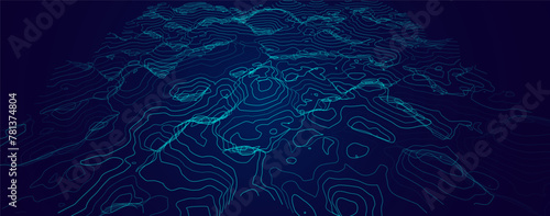 3D Sea Ocean Depth Topographic Topo Map Banner Background. Curvy Wavy Lines Vector Illustration. Hills, Rivers and Mountains. Geography Concept.