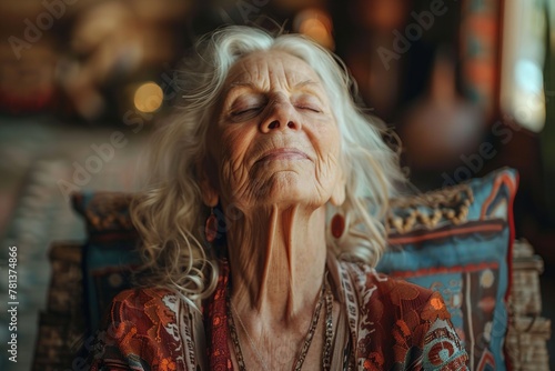 Discover a peaceful portrayal as a senior woman sits in lotus pose at home on a sunny afternoon, surrounded by tranquility, her face radiating contentment and inner peace