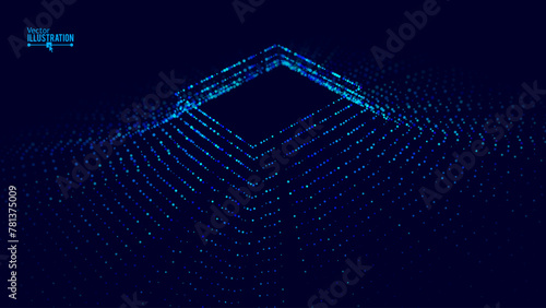 Fototapeta Naklejka Na Ścianę i Meble -  Abstract Dynamic Particle Lights Square Tunnel Background. Futuristic Cyber Portal in Virtual Reality VR. Blue Data Transfer Particle Flow. Hi Tech Vector Illustration.