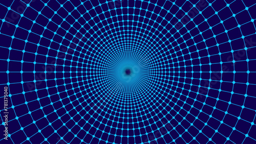 Blue Digital Tunnel or Wormhole. Wireframe Abstract Mesh with Hole. 3D Tunnel Grid Mesh. Blue Hi Tech Texture. Technology or Science Vector Illustation.