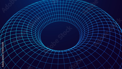 Abstract Wireframe Mesh with Hole. Abstract Science of Wormholes. Gravity Field Concept. 3D Grid Mesh. Blue Wireframe Texture. Technology or Science Vector Illustration.