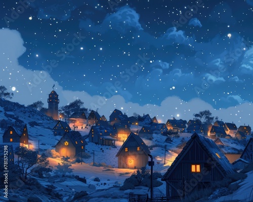 Animated scene of a serene village with houses lit by orange lights under a starry blue sky