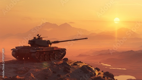 3D rendered image of a tank destroyer positioned on a high vantage point overlooking a strategic pass detailing its robust armor and gun system photo