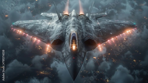 Artistic rendering of a futuristic stealth fighter deploying electronic warfare countermeasures visualized through dynamic