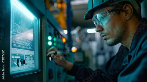 Documentary-style photo of a technician closely monitoring the settings on an injection molding machines control panel photo