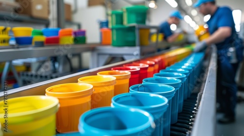 Image of a factory assembly line showing colorful containers and focused workers in the background.