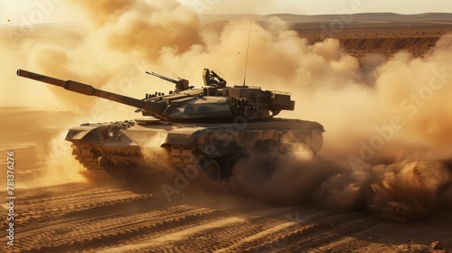 High-definition photograph of a Main Battle Tank in a high-speed maneuver across a desert battlefield dust trails behind it