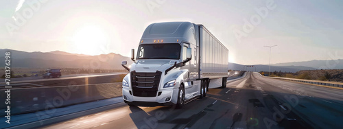 A large semi truck is driving down a highway by AI generated image