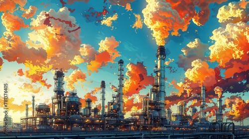 Vibrant detailed illustration depicting the journey of crude oil through the refining process