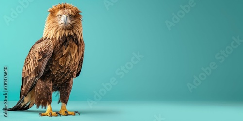 American Eagle standing, isolated on left side of pastel teal background with copy space.