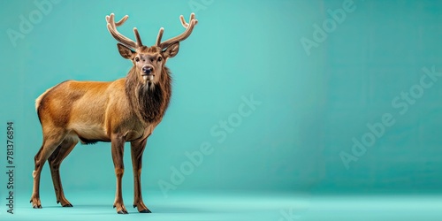 deer standing, isolated on left side of pastel teal background with copy space. photo