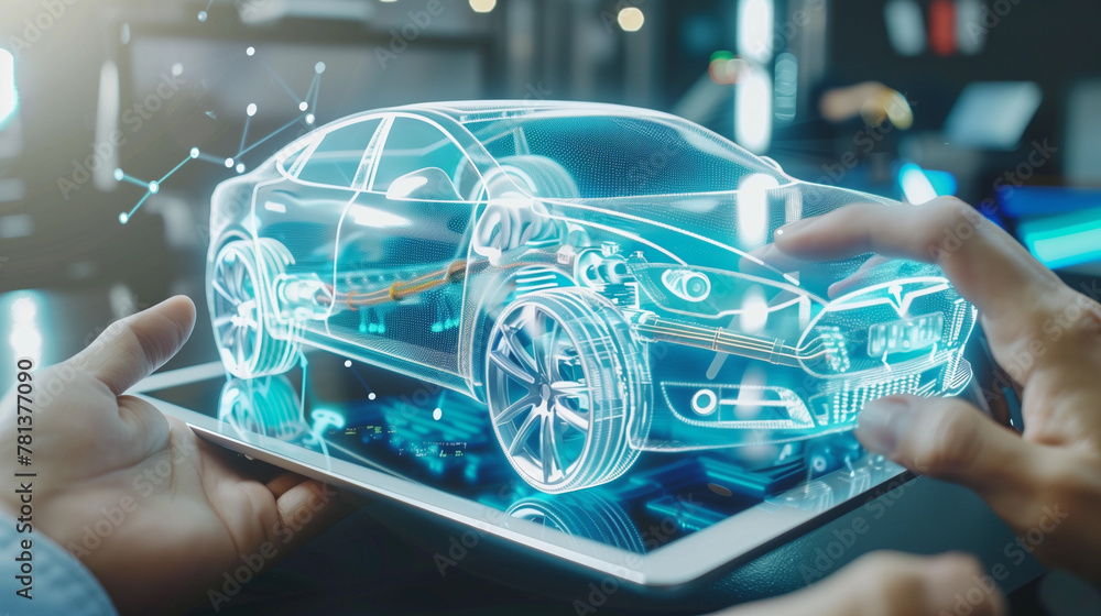 Automotive engineer uses digital tablet with Augmented Reality for Car Design. Futuristic industrial revolution. Generative AI.