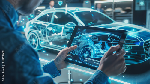 Automotive engineer uses digital tablet with Augmented Reality for Car Design. Futuristic industrial revolution. Generative AI.